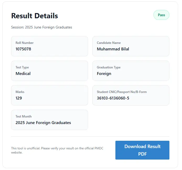 NRE Step 1 result checker BilalMD.com showing PMDC portal result details with roll number, candidate name, marks, and pass status for Foreign Medical Graduates