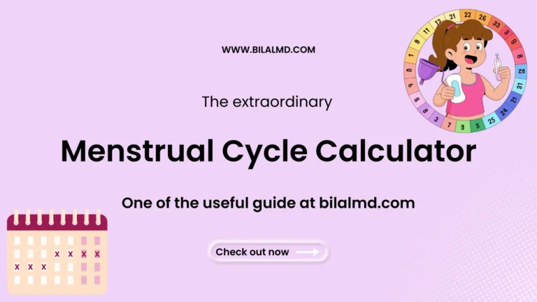 Illustration promoting a menstrual cycle calculator on BilalMD.com, showing a cartoon girl holding menstrual products beside a colorful cycle calendar wheel and a call-to-action button.