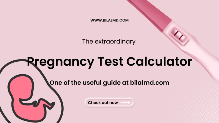 Pregnancy test calculator illustration with positive test kit and fetus icon promoting BilalMD online pregnancy calculator