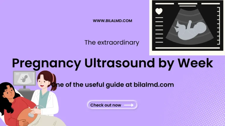 Educational banner showing a doctor performing an ultrasound on a pregnant woman, with a fetal ultrasound image on screen and the title ‘Pregnancy Ultrasound by Week’, promoting a weekly pregnancy ultrasound guide on bilalmd.com