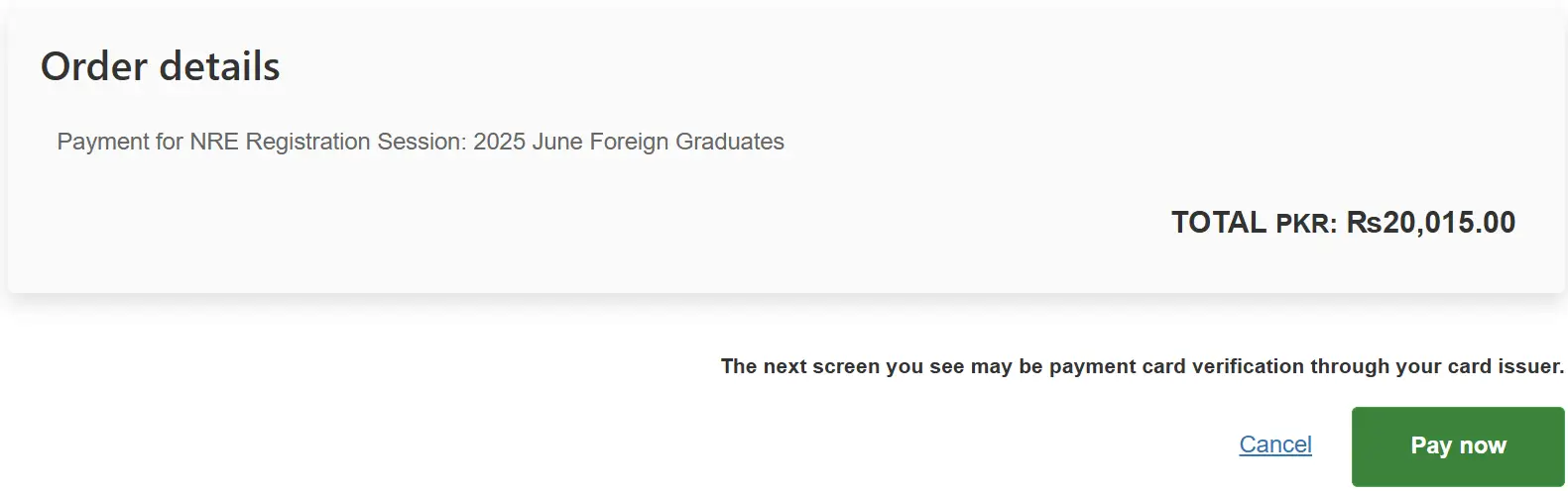 PMDC NRE Step 1 payment confirmation page showing order details and Pay Now button explained by BilalMD.com