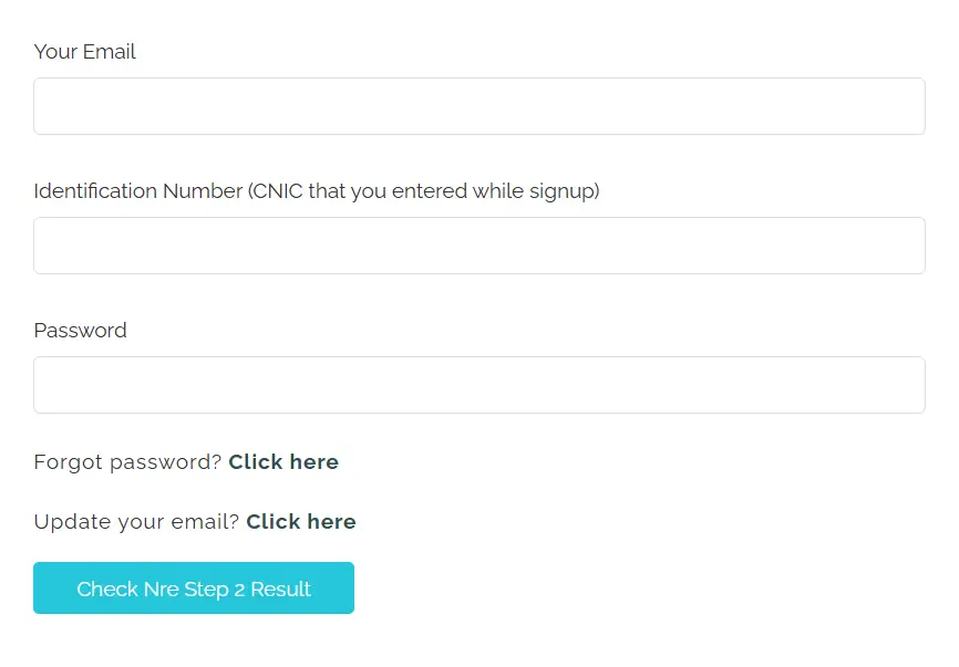 NRE Step 2 result checker BilalMD.com showing PMDC login portal with email, CNIC identification number, and password fields to check National Registration Examination Step 2 result