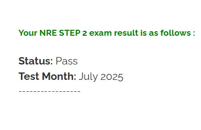 NRE Step 2 result checker BilalMD.com showing PMDC portal exam result with pass status and test month for National Registration Examination Step 2 OSCE