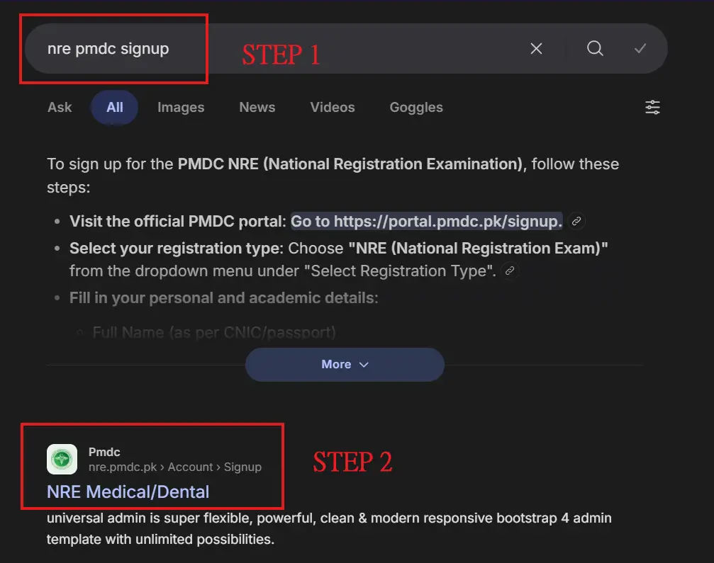 PMDC NRE Step 1 signup portal registration process explained by BilalMD.com showing official PMDC NRE Medical Dental link