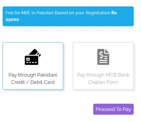 PMDC NRE Step 1 registration fee payment page showing credit debit card and MCB challan options explained by BilalMD.com