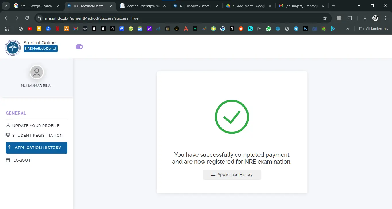 PMDC NRE payment successful confirmation screen showing registration completed message explained by BilalMD.com